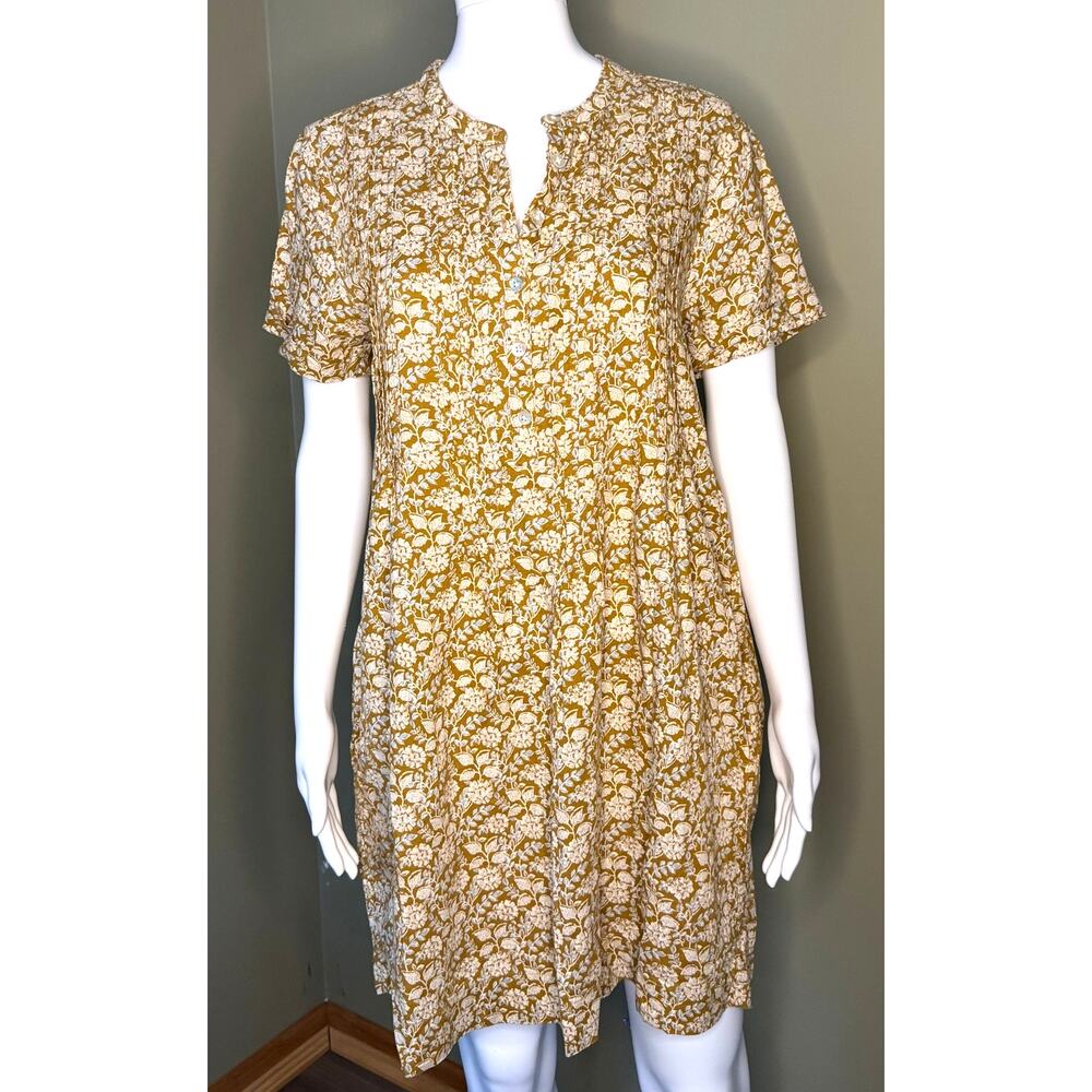 Faherty Linen Blend Mini Dress Gemina Pleated SS Tan Golden Floral Small